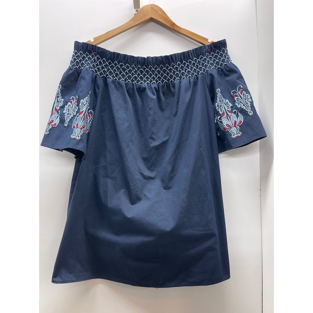 Bleuh Ciel Navy Blue Embroidered Off The Shoulder Smocked Blouse Large